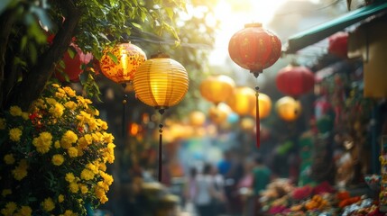 Obraz premium Colorful Lanterns and Blossoming Flowers in a Vibrant Market Scene
