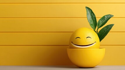 A whimsical image of a smiley lemon with leafy ears on a bright, cheerful yellow background. It conveys a sense of happiness and playfulness, radiating positivity.