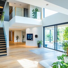 Obraz premium Innovative smart home accessibility solutions modern residence interior design comfortable environment wide-angle view enhancing daily living