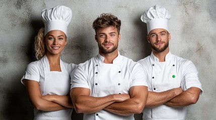 A trio of chefs in pristine white uniforms pose confidently against a rustic background, embodying professionalism, teamwork, and culinary expertise.