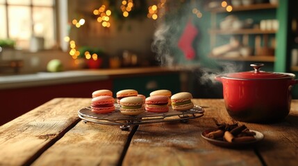 Delicious macarons on a rustic table with a steaming pot in a cozy kitchen setting, perfect for festive gatherings and sweet moments.