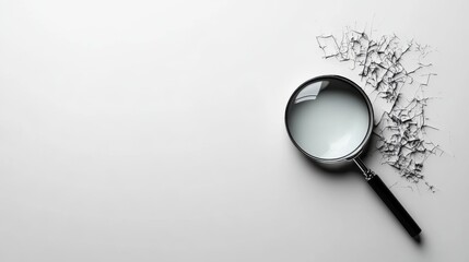 A magnifying glass with noticeable cracks and a black handle lies on a table, symbolizing broken perspectives, the fragility of truth, and shattered details.