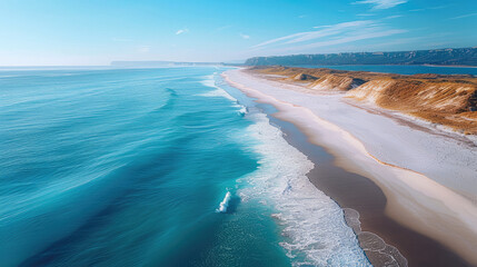 A breathtaking view of a pristine white-sand beach stretching into the distance, with the turquoise waters of the ocean gently lapping at the shore. The sky is bright and clear.