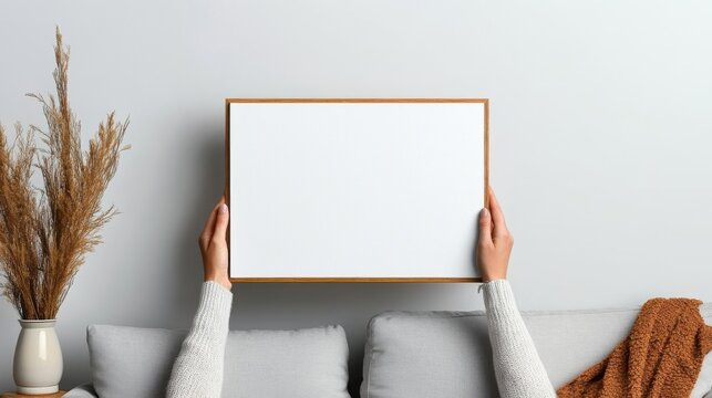 A pair of hands presents an empty wooden frame against a neutral backdrop, inviting creativity and potential for personalized content or artwork creation.