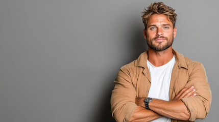confident man in casual outfit poses with arms crossed against gray background