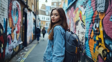 Naklejka premium Young woman with backpack in colorful alley art, looking back while exploring vibrant street life and urban culture.