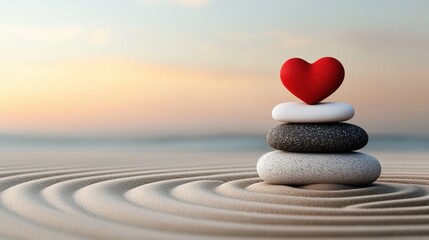 A stack of smooth stones in concentric circles rests atop sand, crowned by a red heart, embodying balance, love, and tranquility against a serene backdrop.