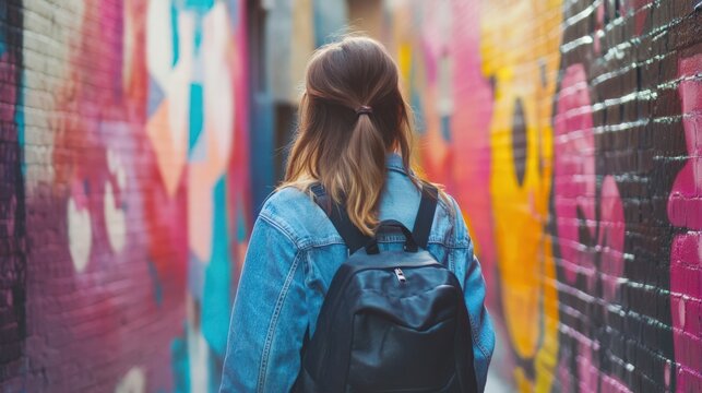 A young woman walks down a colorful alley, surrounded by vibrant graffiti and street art. The scene is lively and engaging.