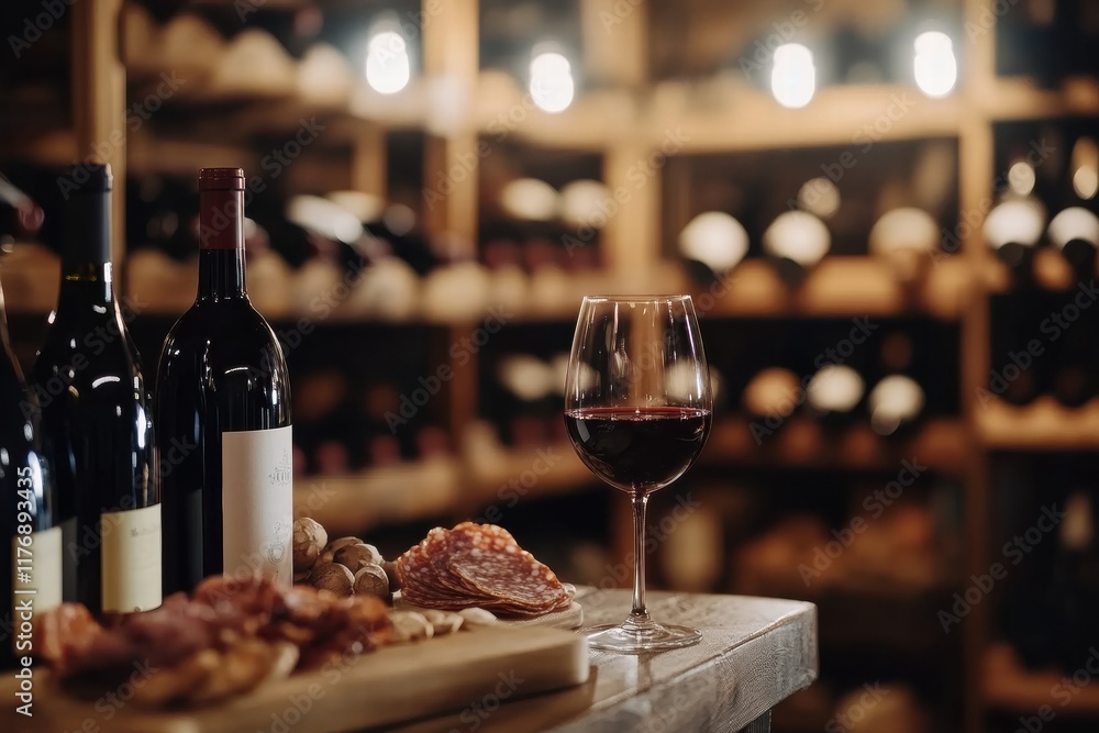 Poster elegant wine cellar showcasing vintage bottles and a tasting experience with charcuterie and red win