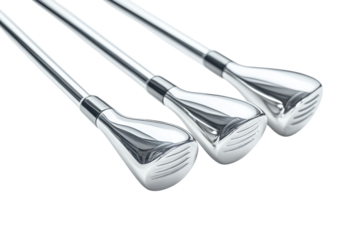 Golf clubs lined up against a simple white background showcasing their polished heads