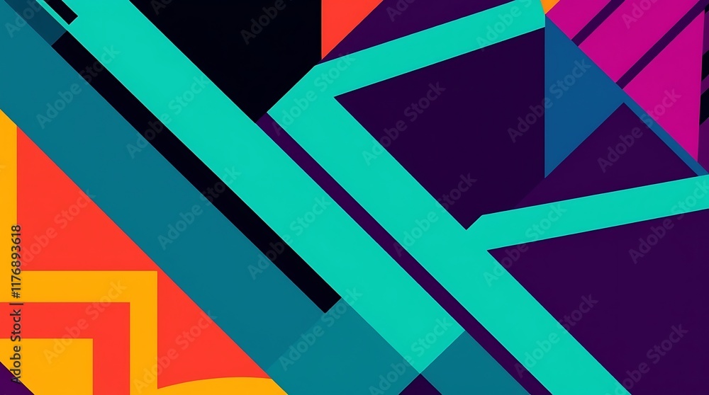 Poster vibrant geometric abstract: bold, dynamic composition of intersecting shapes and lines in a striking