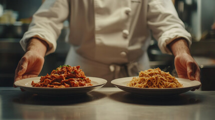 Chef presents two plates of pasta, showcasing culinary skills and creativity in the kitchen