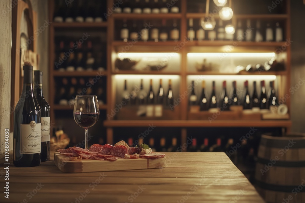 Poster elegant wine cellar with vintage bottles and a tasting setup featuring red wine and a charcuterie bo