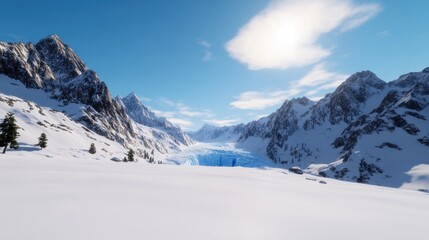 Fototapeta premium Snowy mountain landscape with a glacier under a clear blue sky.