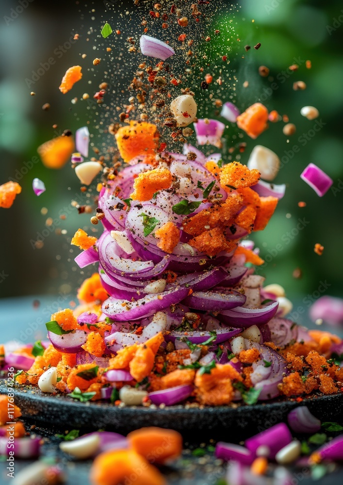 Aufkleber vibrant red onion and carrot salad with spices tossed in the air, creating a dynamic food image perf