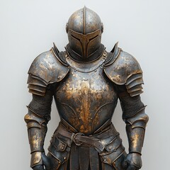 Antique, weathered knight's armor stands.