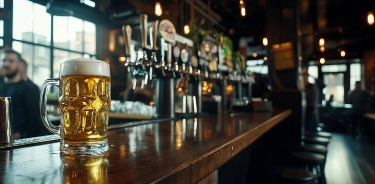 A lager beer mug at a pub with visitors and staff in the background moving, talking, buzzing. An irish, english pub atmosphere. Blurred background. Beer mug in front.