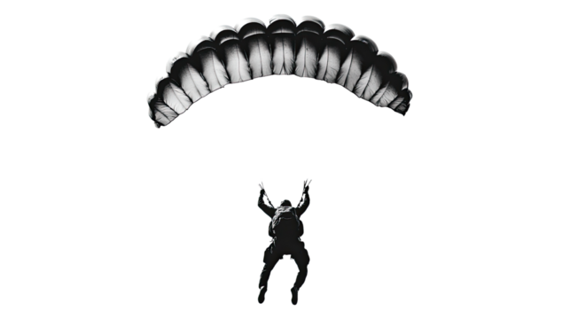 Skydiving Silhouette: A lone skydiver descends under a billowing parachute, captured in a dramatic silhouette against the vast expanse of the sky, symbolizing courage, freedom.
