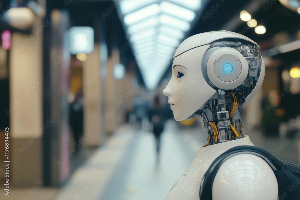 Poster advanced humanoid robot exploring a modern shopping center during a busy afternoon