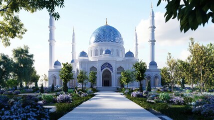 Obraz premium A stunning white mosque with a blue dome surrounded by greenery.