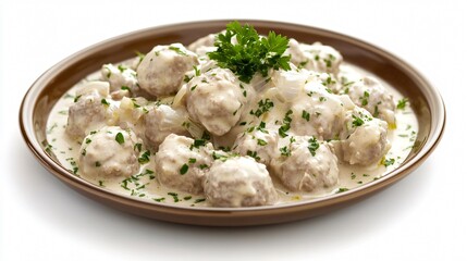 A creamy plate of meatball stroganoff with a drizzle of olive oil and parsley garnish, isolated on a smooth, glossy surface