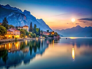 Fototapeta premium Lake Garda Moonrise: Candid Dawn Photography, Italy - Stunning Early Morning Views