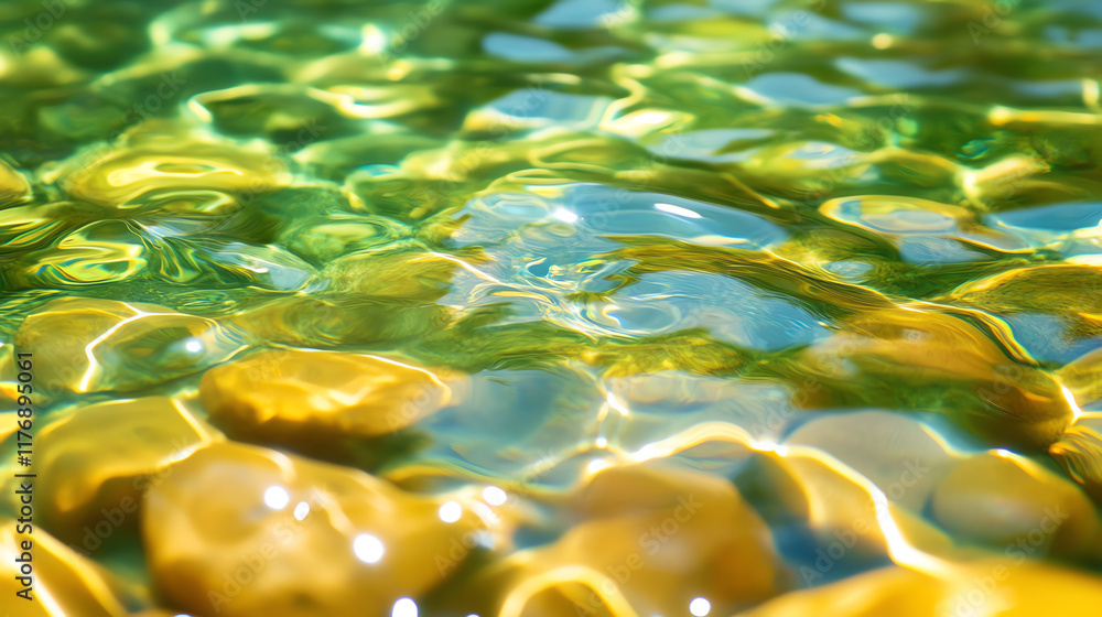 Poster a close-up view of shimmering water over colorful stones, reflecting sunlight and creating a serene 