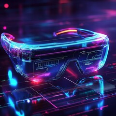 Naklejka premium Futuristic Transparent Glasses with Neon Glow and Digital Display