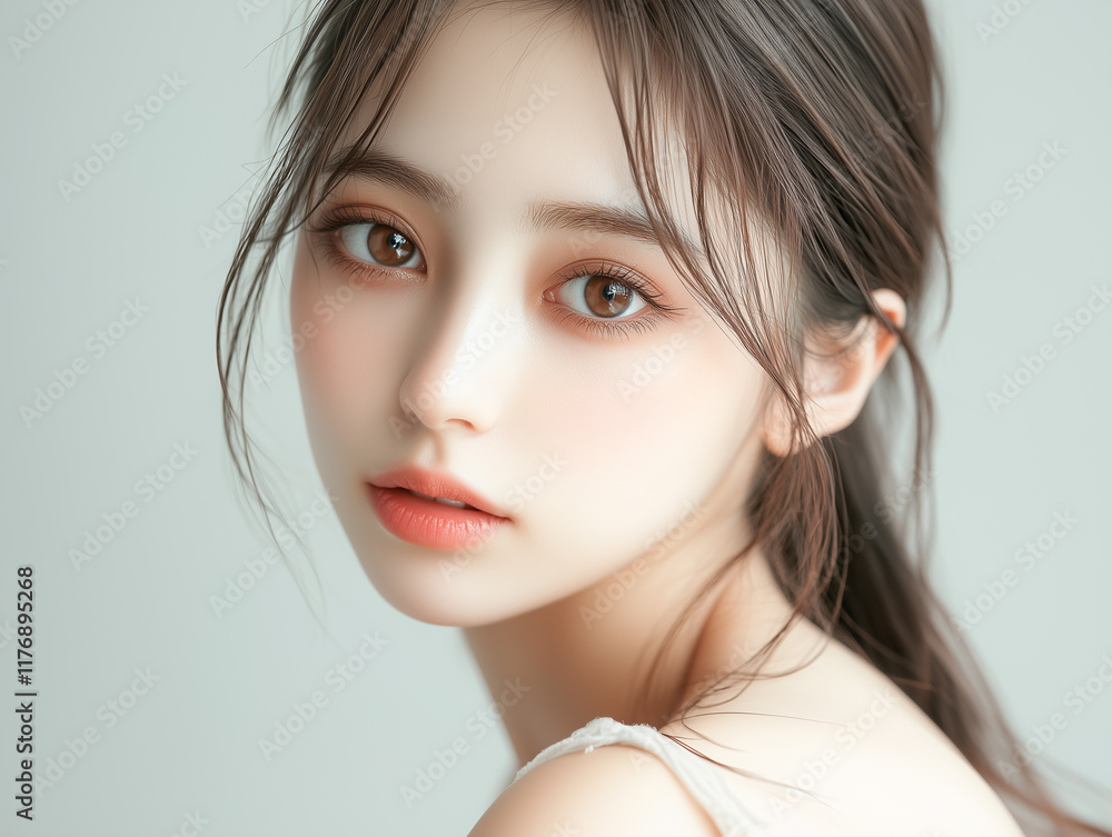 Poster 美肌の若くて可愛いアジア人女性モデルの美容ポートレート。流行りのメイクをしているファッション撮影。