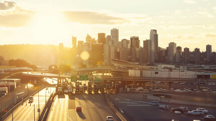 Fototapeta premium Aerial view of a modern cityscape at sunrise with toll booths and vehicles in the foreground, showcasing urban life and transportation system. City development and infrastructure concepts.