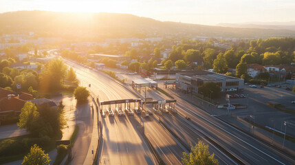 Fototapeta premium Aerial View of a Modern Cityscape at Sunrise, Featuring Toll Booths and Blurred Vehicles in the Foreground, Highlighting the Bustling Urban Life and Transportation System, 24mm f/2.0 Lens