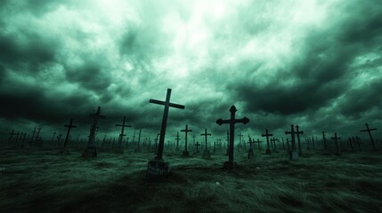 Stormy Cemetery Crosses, Halloween, Graveyard, Fear