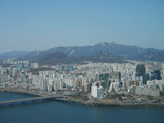 Naklejka premium Séoul, Corée du Sud, ville, skyline, gratte-ciel, architecture, moderne, traditionnel, palais, Gyeongbokgung, Changdeokgung, temple, Jogyesa, Bukchon Hanok Village, Namsan Tower, N Seoul Tower, rivièr