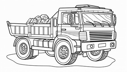 A simple dump truck coloring page perfect for young children. The design features a robust truck carrying a load ideal for coloring activities.