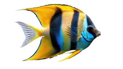 Vibrant Angelfish: A close-up portrait of a stunning yellow and blue angelfish with black stripes, showcasing its vibrant colors and intricate patterns.  