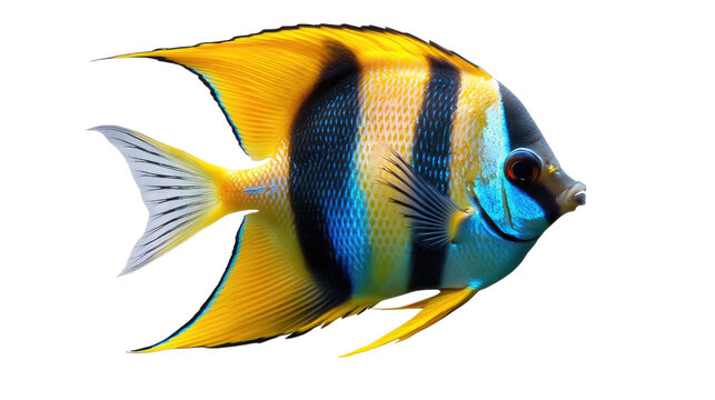 Vibrant Angelfish: A close-up portrait of a stunning yellow and blue angelfish with black stripes, showcasing its vibrant colors and intricate patterns.  