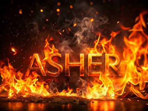 Fiery Asher Name in Low Light Flames - Dramatic Stock Photo