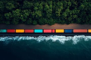 Obraz premium Freight train with colorful containers traveling along coastline bordered by forest.