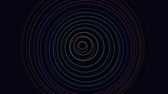Hypnotic animation featuring overlapping circular layers in vibrant colors that pulse, shake and undulate in synchronized motion. Concentric rings create mesmerizing visual effect with rainbow gradien