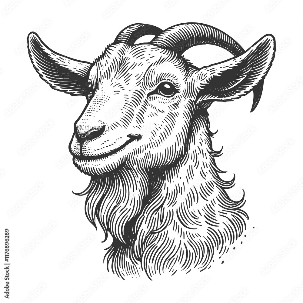Poster smiling goat with curved horns, expressive eyes, and a friendly, smiling expression sketch engraving