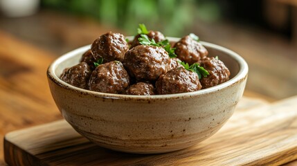 A rustic ceramic bowl filled with meatball stroganoff, isolated on a wooden cutting board with soft, diffused lighting