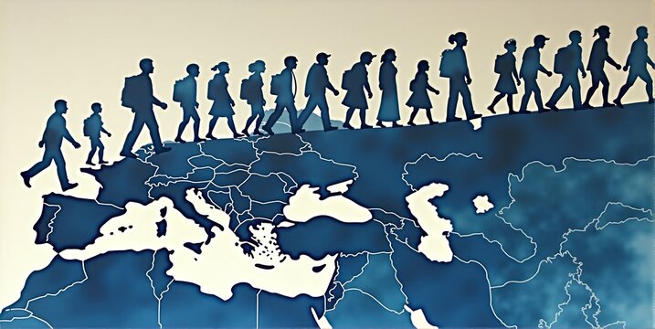 Diverse people traverse a world map, depicting global migration due to economic, crisis, war, and environmental factors