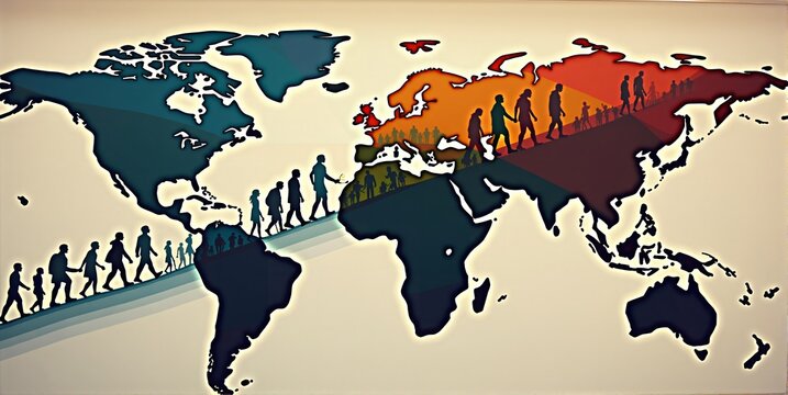 Diverse people traverse a world map, depicting global migration due to economic, crisis, war, and environmental factors
