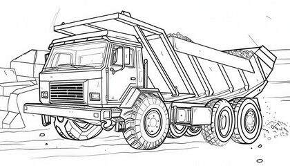 A powerful dump truck hauls rocks. Perfect for coloring pages, activity books, or construction-themed designs.