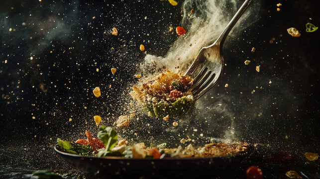 Vibrant ingredients burst into motion from a plate during a culinary creation session