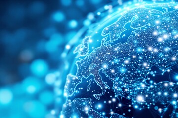 Map of Europe with glowing digital connections, luminous data points, and vibrant blue background. Concept of global communication, technology, and networking. Ai generative