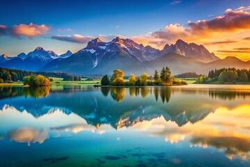 Fototapeta premium Forggensee Lake Double Exposure: Majestic Alps & Serene Waters