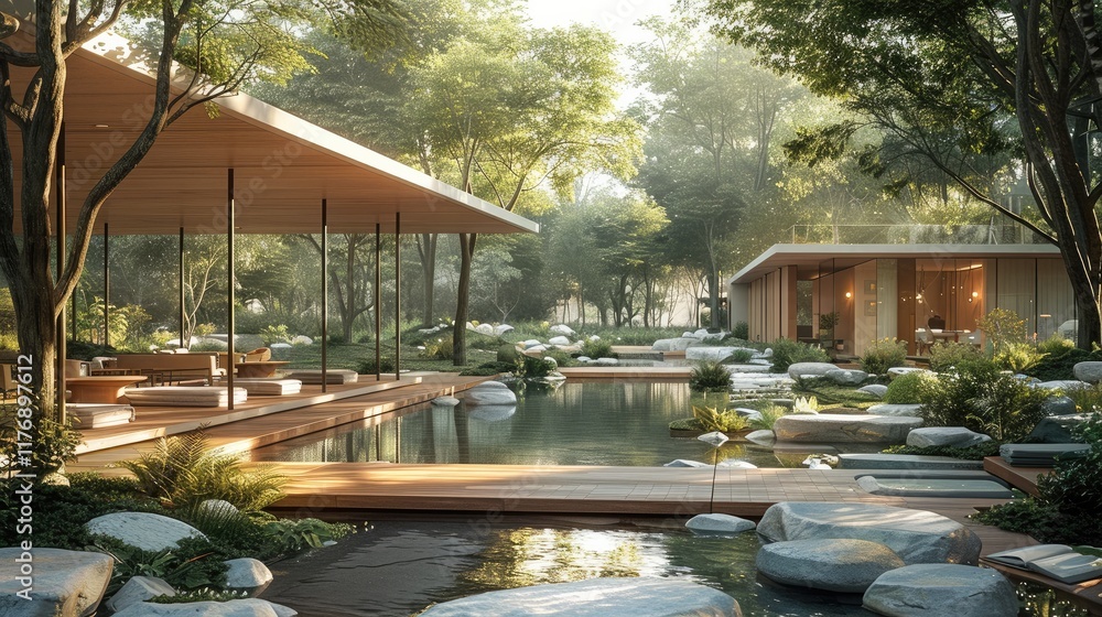 Poster a breathtaking architectural visualization of a modern community. the environment seamlessly integra