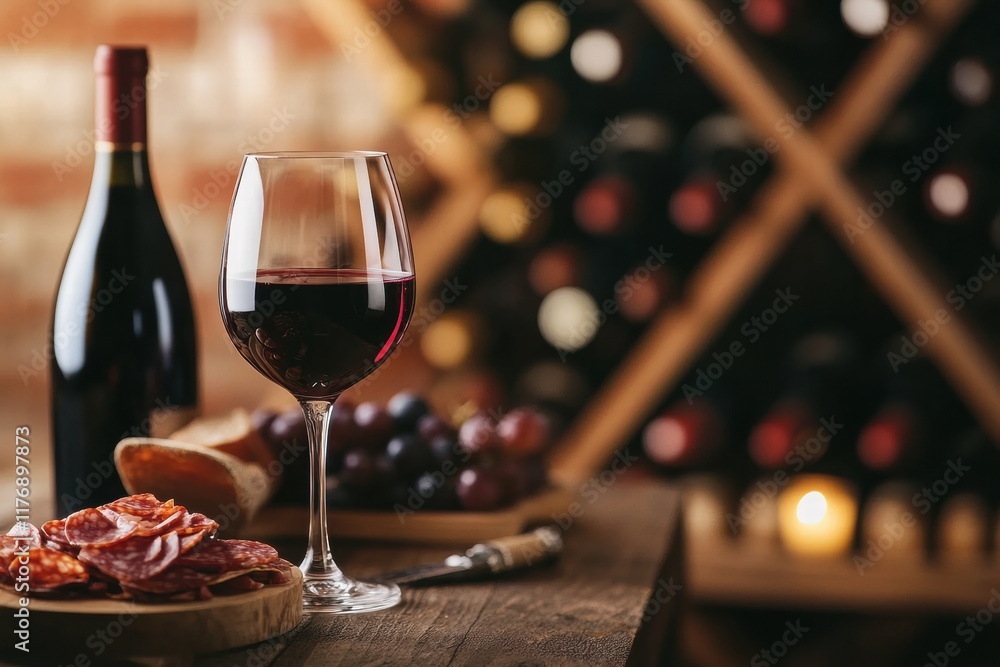Poster elegant wine cellar featuring vintage bottles and a charming tasting table with red wine and charcut