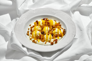 A traditional Ukrainian breakfast dish, syrniki, served with fresh fruit, nuts, and a drizzle of honey.